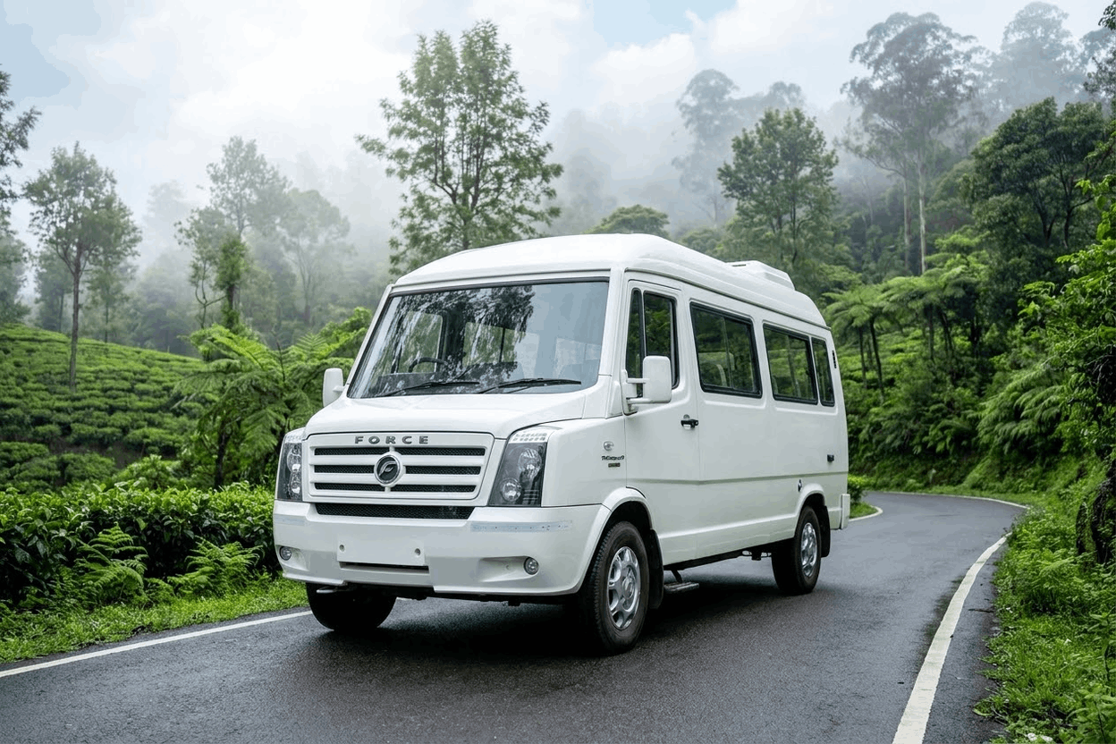 Modern white Force Traveller 12-seater luxury van for group travel in Bangalore
